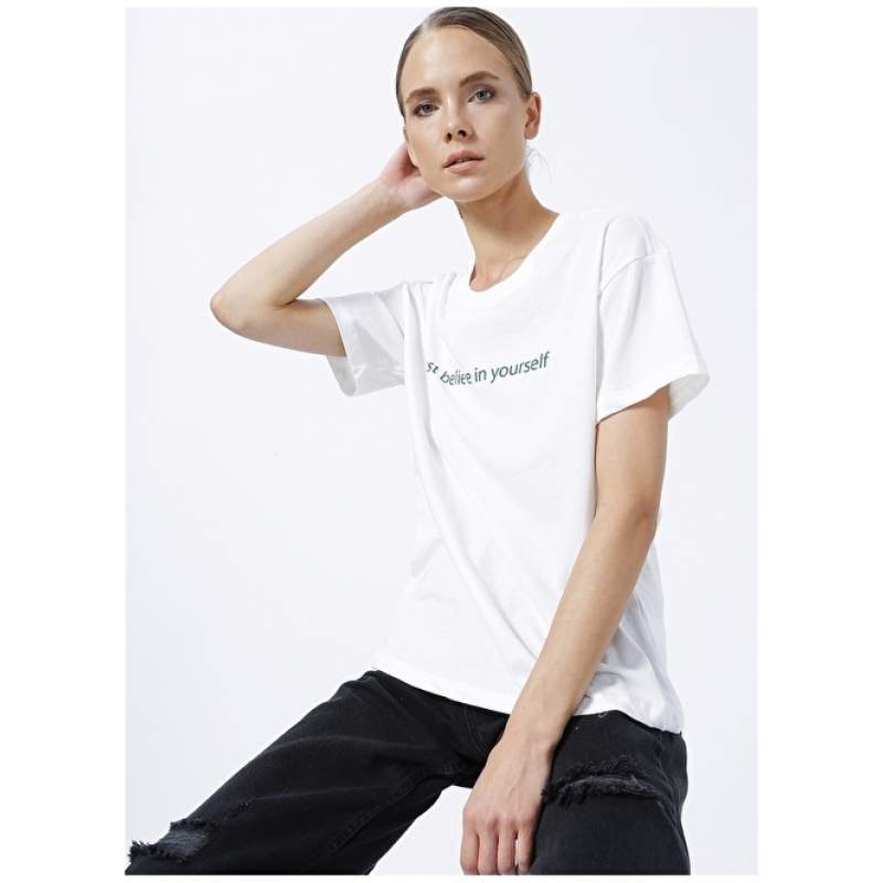Factory Crew Neck Printed White Women's T-Shirt LUEN