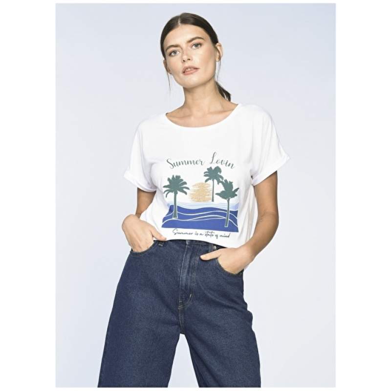 Factory Crew Neck Printed White Women's T-Shirt LESS