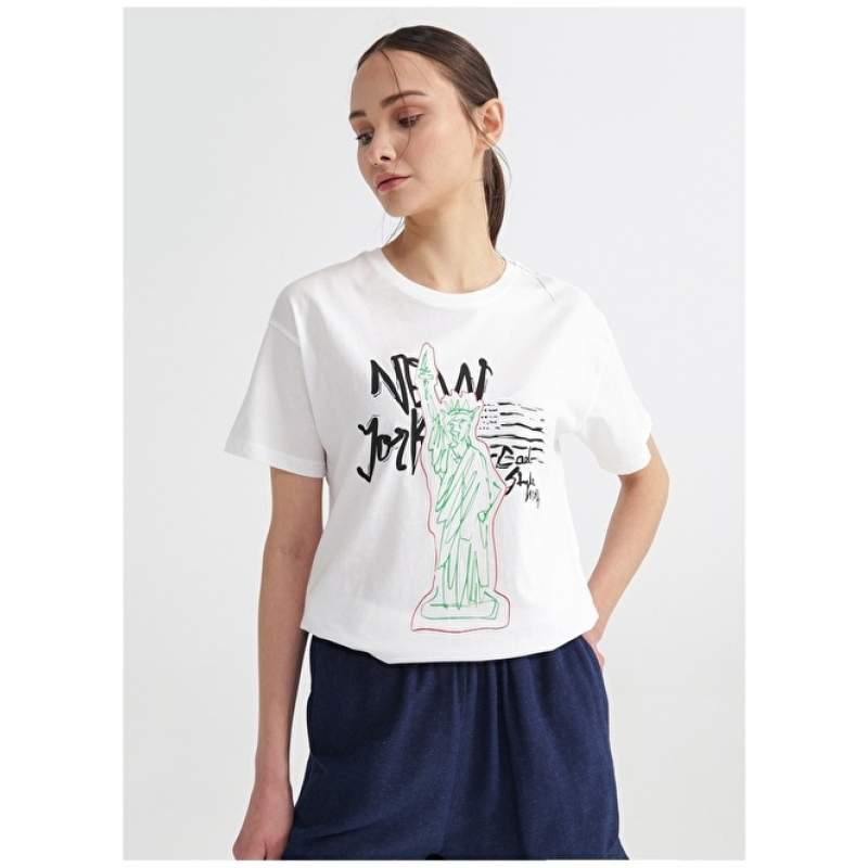 Factory Crew Neck Printed White Women's T-Shirt MARIE