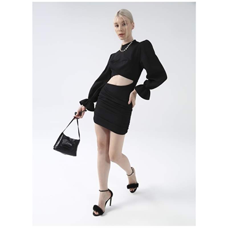 Factory Half Turtleneck Plain Mini Black Women's Dress YMN-14
