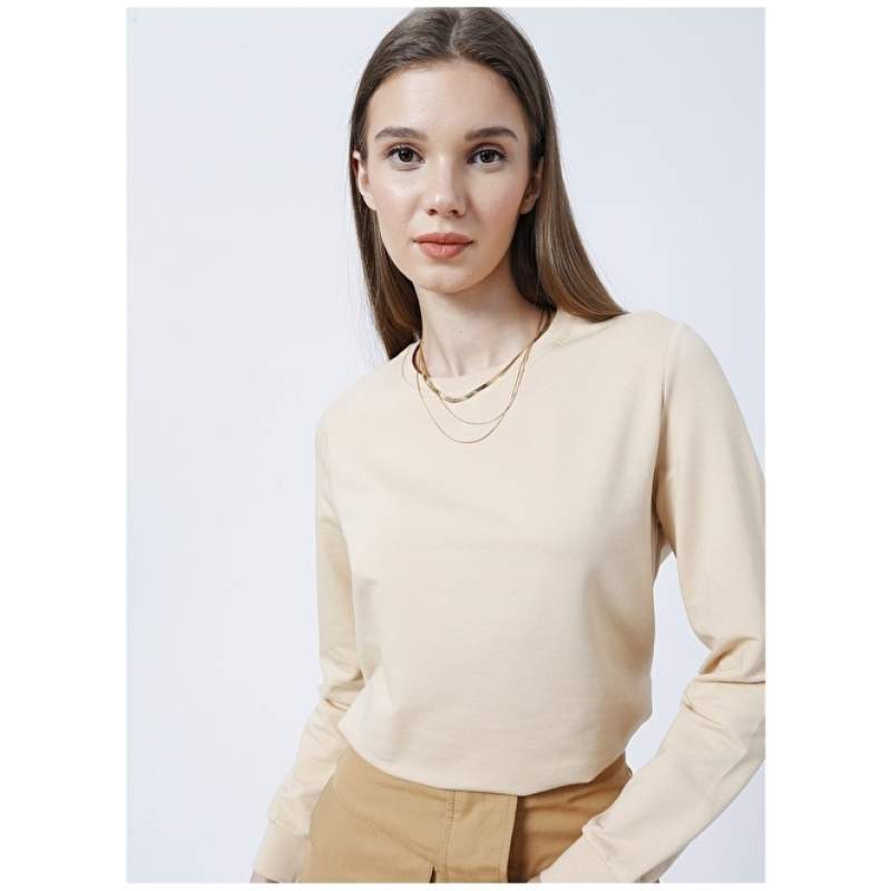 Factory Crew Neck Basic Plain Beige Women's Sweatshirt - K-AGORA