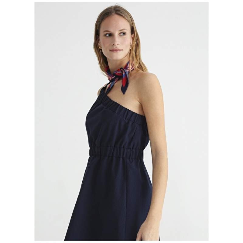 Factory One Shoulder Collar Dobby Navy Blue Mini Women's Dress LATER
