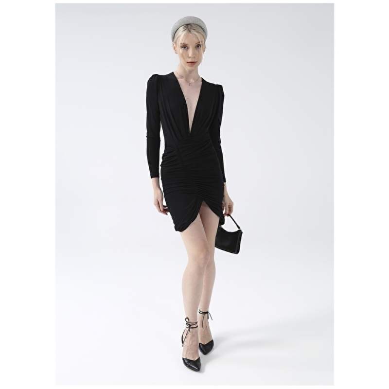 Factory V Neck Straight Mini Black Women's Dress CHR-6