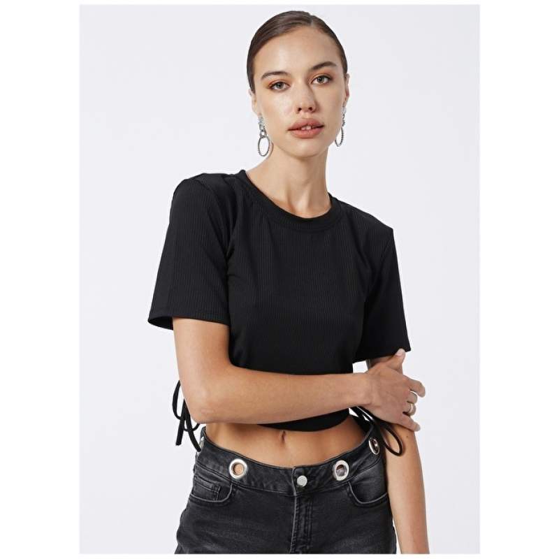 Factory Crew Neck Crop Corduroy Black Women's T-Shirt LF-050231