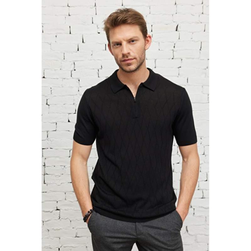 Standard Fit Polo Collar Short Sleeve Jacquard Knitwear
