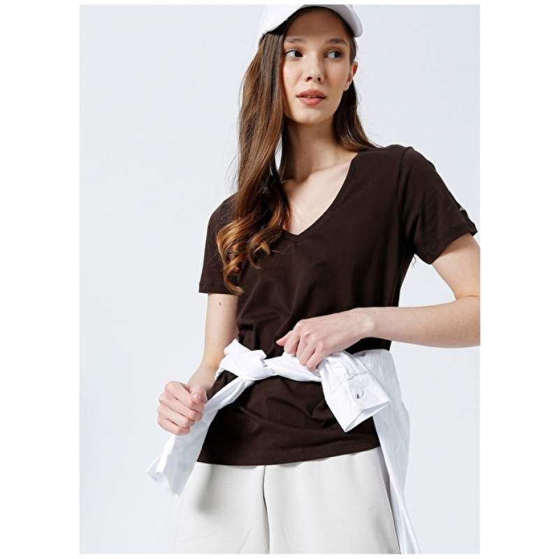 Fabrika Teyo V-Neck Basic Plain Brown Women's T-Shirt