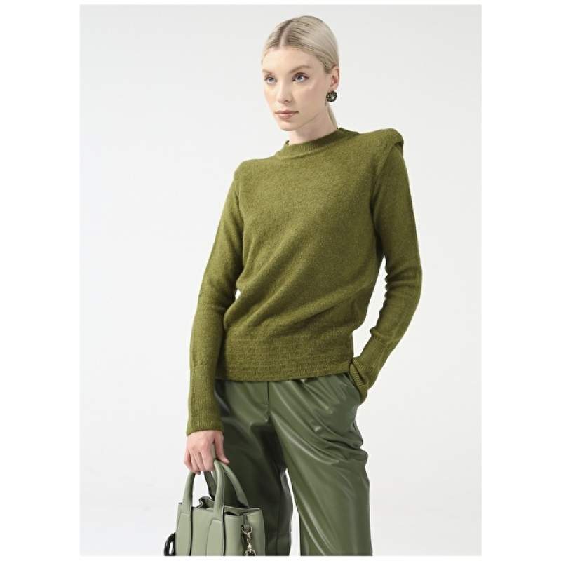 Factory Crew Neck Plain Khaki Women's Sweater MORLE