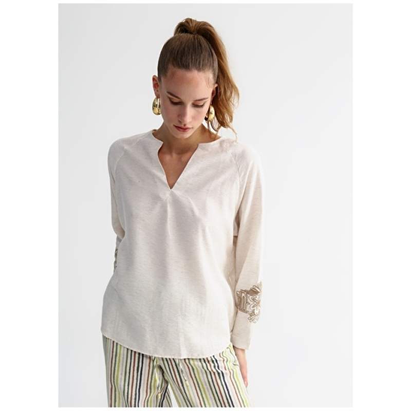 Factory V Neck Embroidered Beige Melange Women's Blouse ORZO