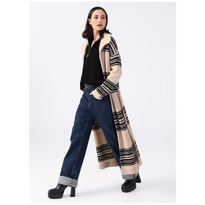 Factory Wide Fit Striped Beige - Black Women's Cardigan LOTHAR