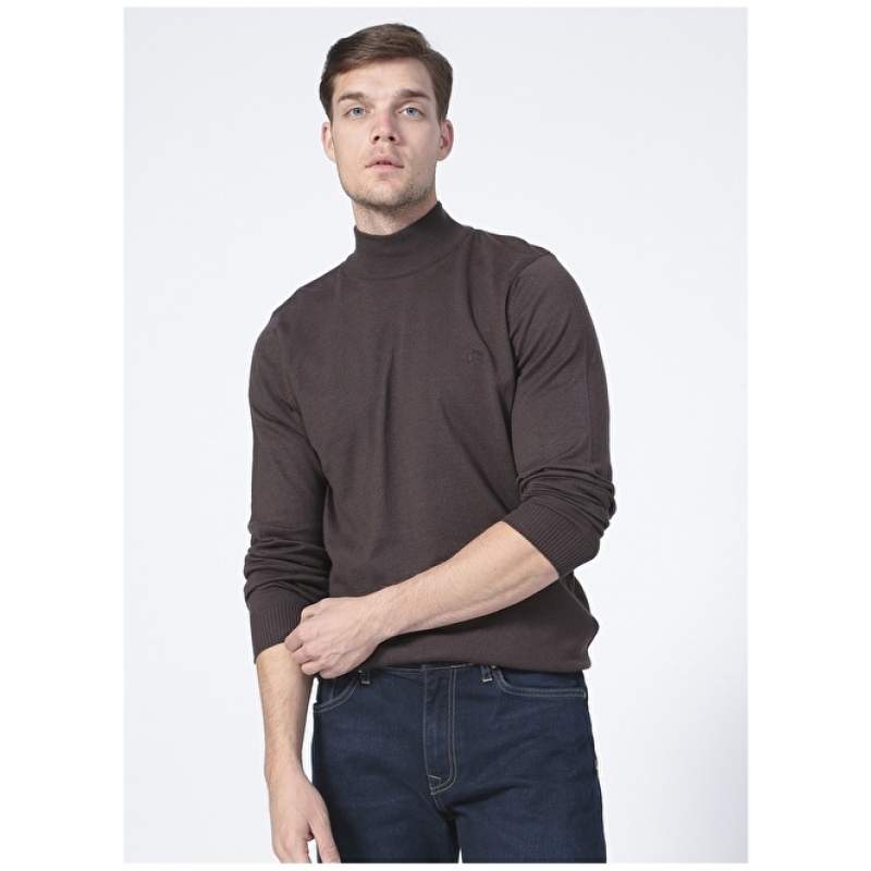 Factory Half Turtleneck Basic Plain Brown Melange Men's Sweater BERNARDO