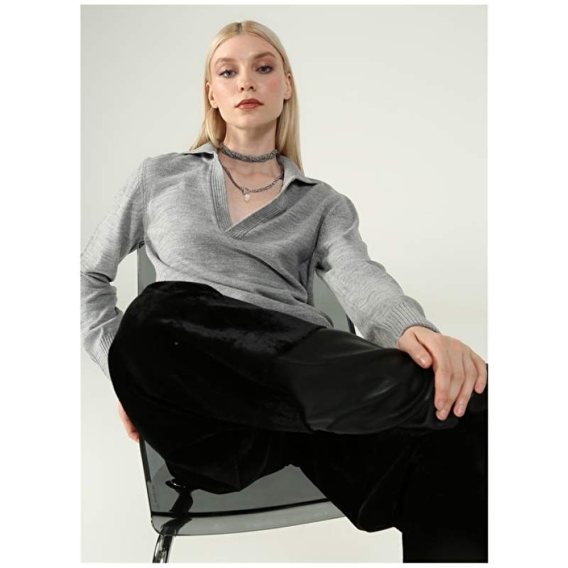 Factory Polo Collar Plain Gray Melange Women's Sweater MORLEY