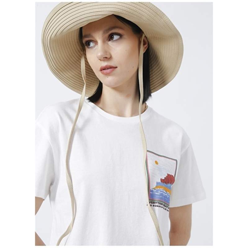 Factory Olik Crew Neck Crop Printed White Women's T-Shirt