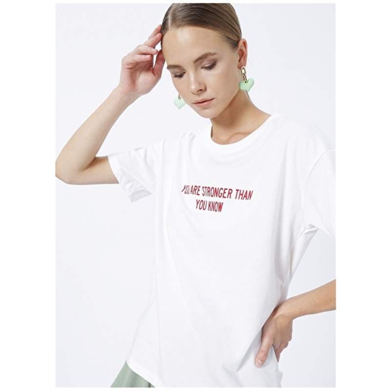 Factory Crew Neck Printed White Women's T-Shirt EZRA