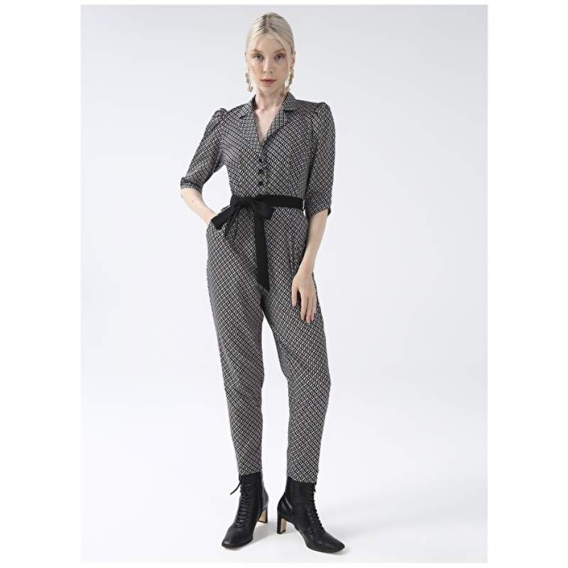 Factory Patterned Beige - Black Women's Jumpsuit YMN-18