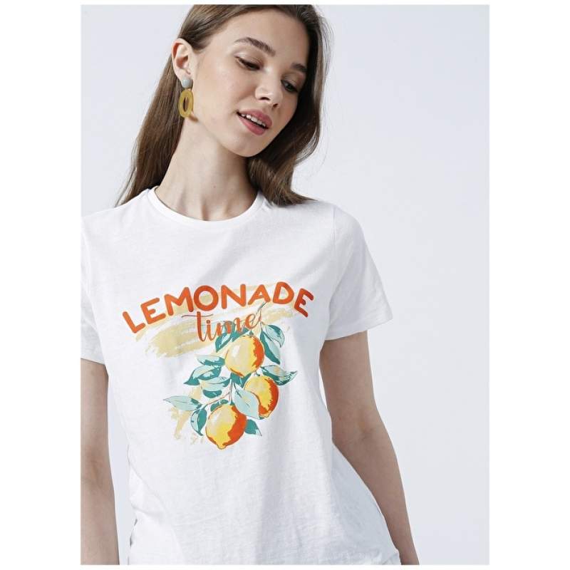 Factory Crew Neck Basic Printed White Women's T-Shirt - RESHE