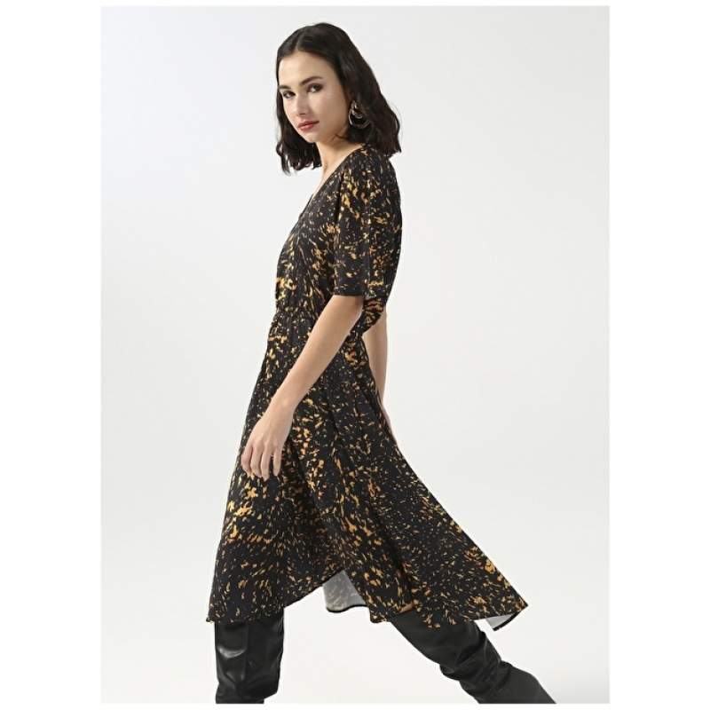 Factory V Neck Gradient Midi Black - Orange Women's Dress YMN-7