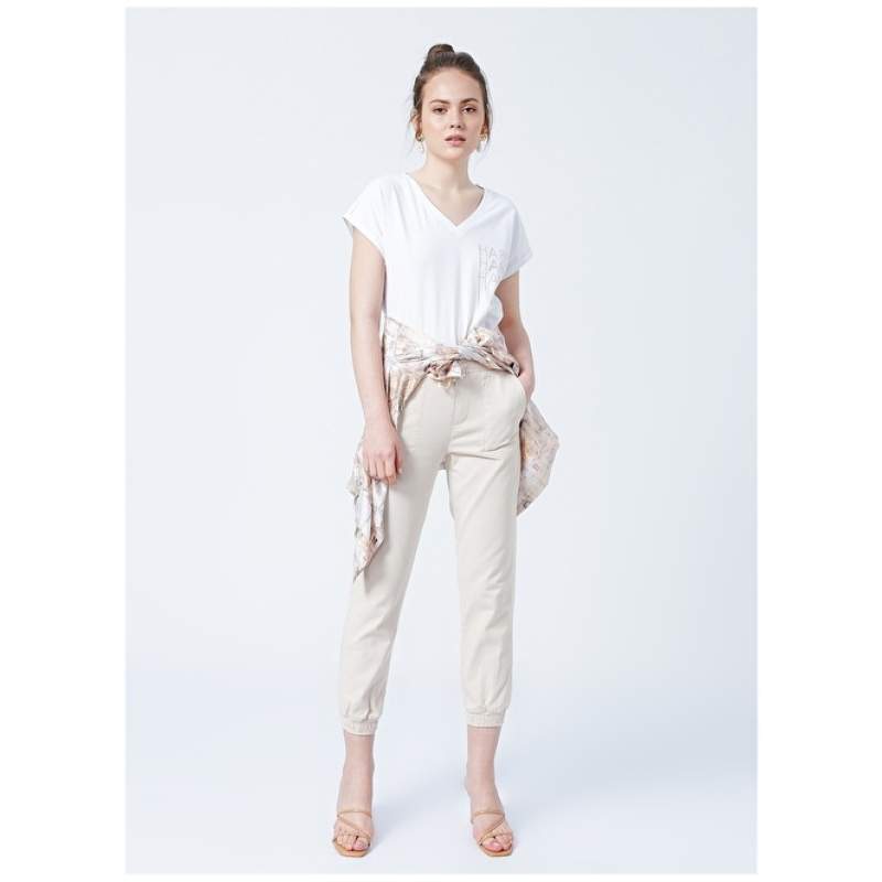 Factory Elastic Basic Beige Women's Denim Trousers BURUNDI-2