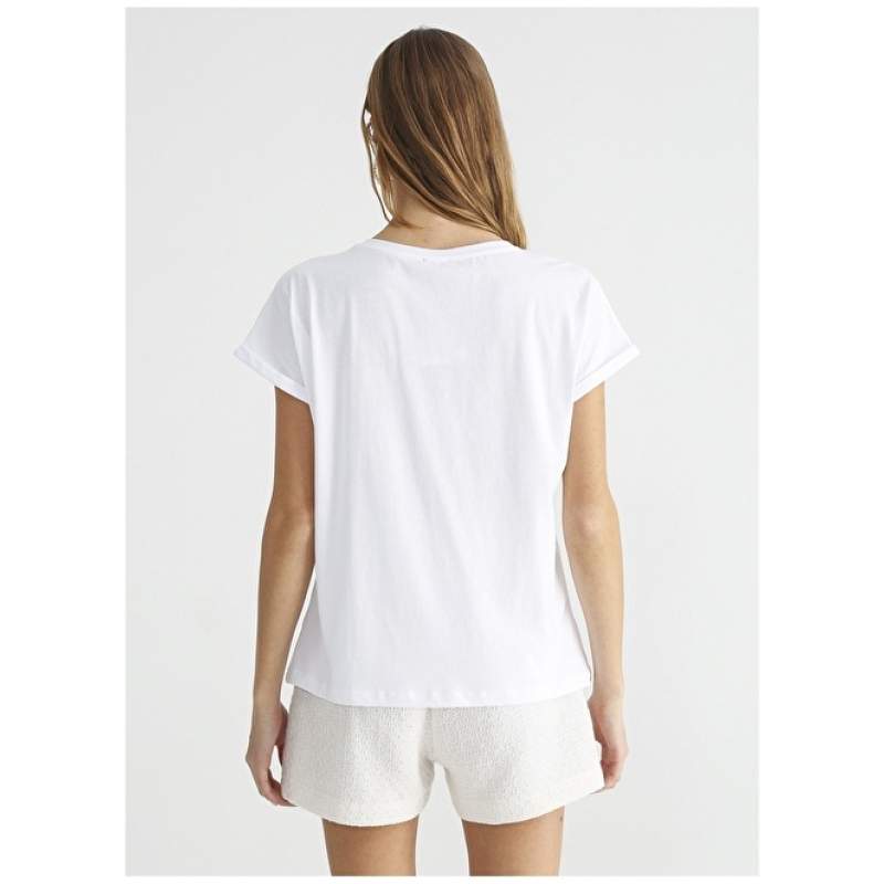 Factory Crew Neck Printed White Women's T-Shirt NISTA