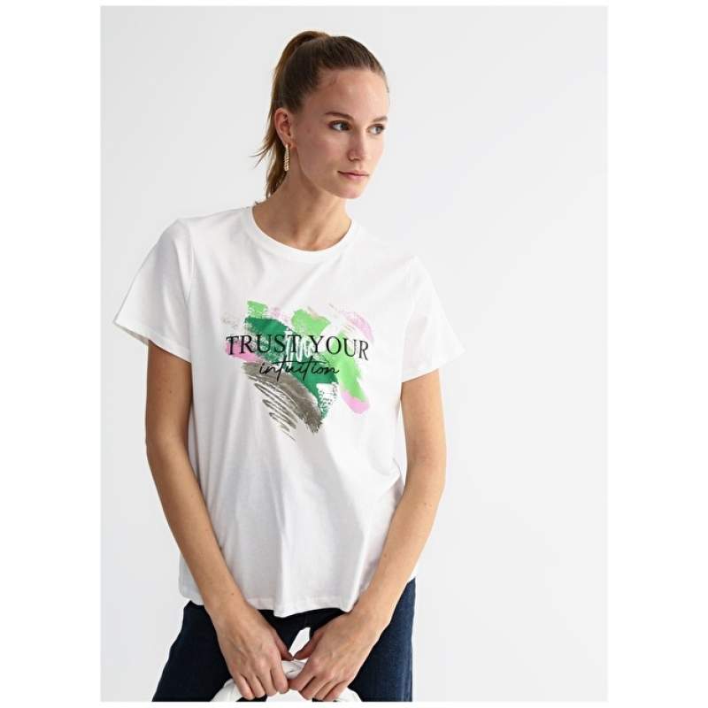 Factory Crew Neck Leafy White Women's T-Shirt ISTANA