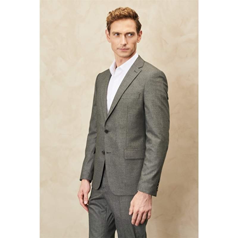 Slim Fit Mono Collar Patterned Wool Suit