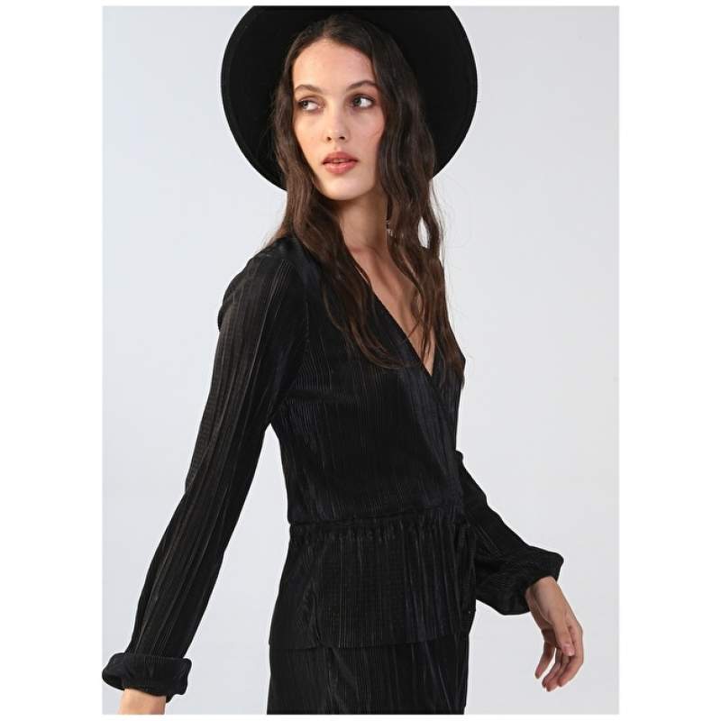 Factory V Neck Pleated Black Women's Blouse WEDER