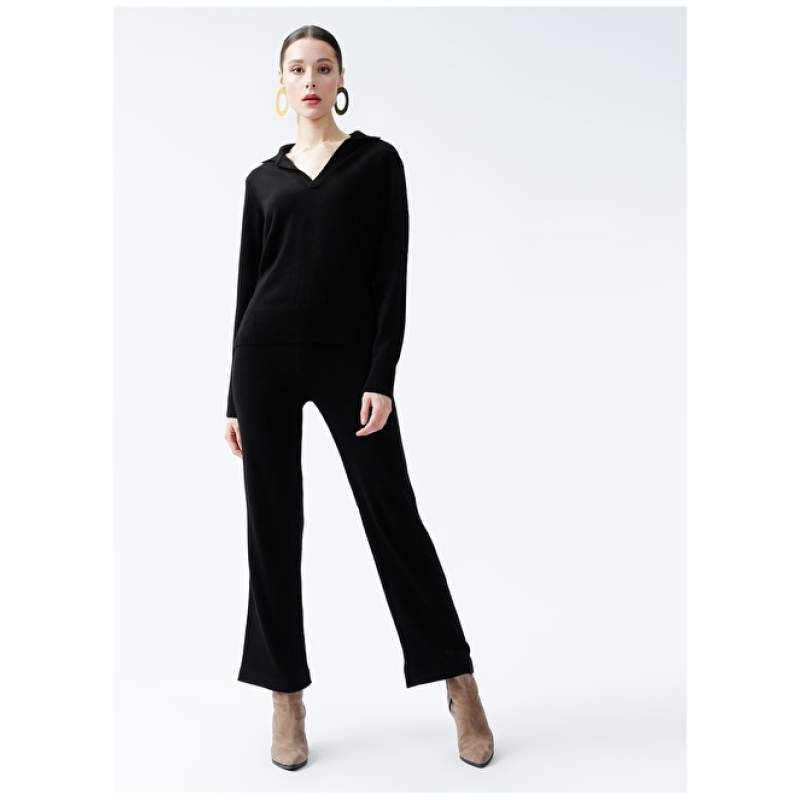 Factory Elastic Waist Wide Fit Black Women's Trousers ROMERIT