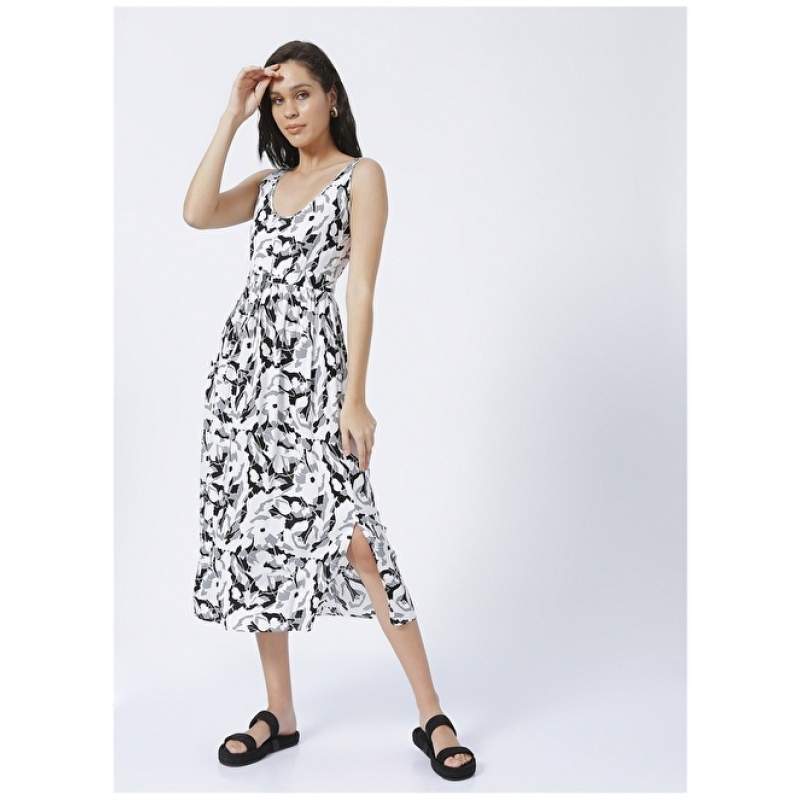 Factory YM-08 U Neck Basic Patterned White - Black Women's Dress