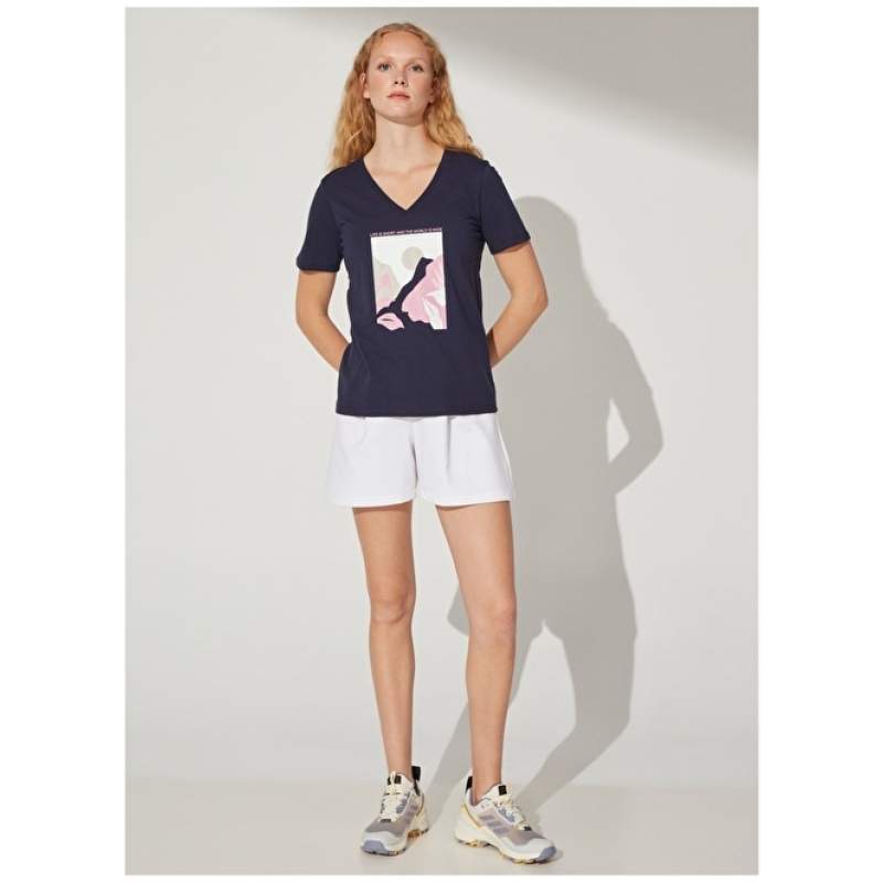 Factory V-Neck Printed Navy Blue Women's T-Shirt VOLERE
