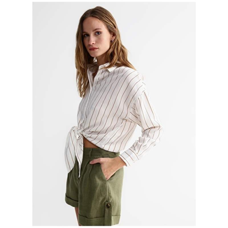 Factory Basic Shirt Collar Striped White - Beige Women's Shirt PARNEL