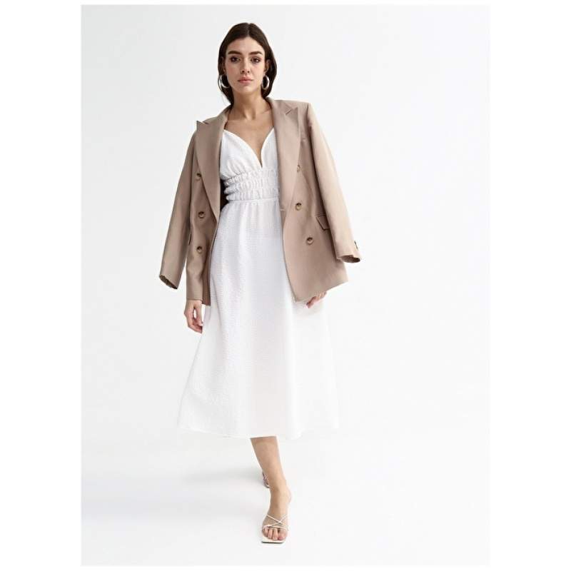 Factory V-Neck Dobby White Midi Women's Dress ROHAN-Y