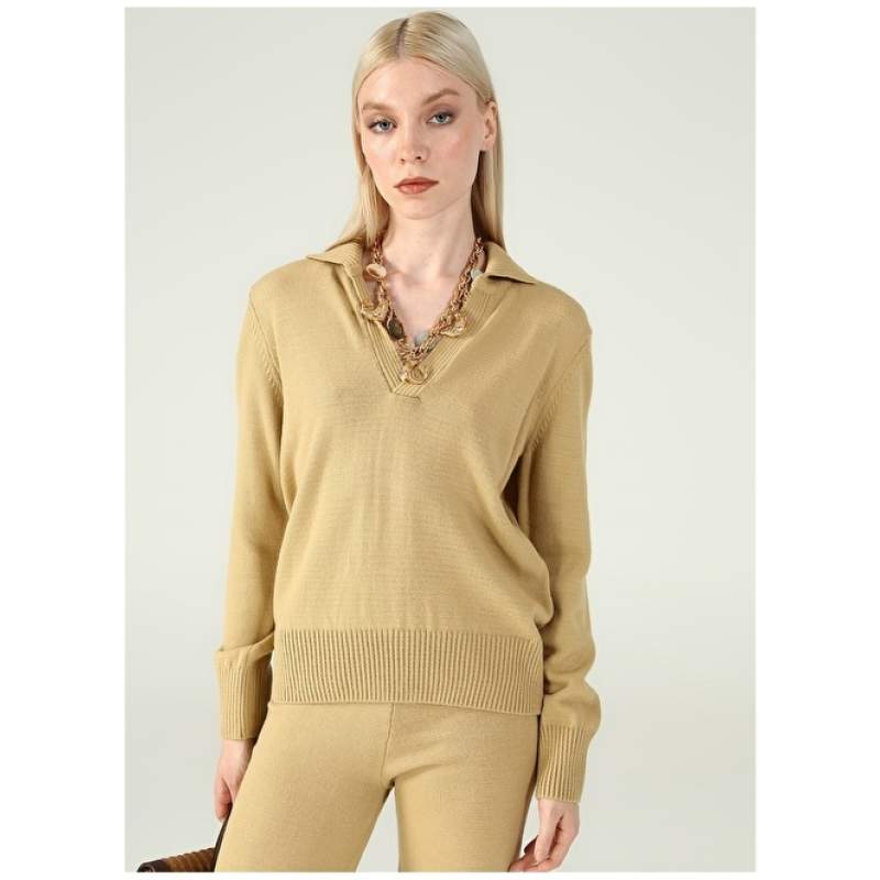 Factory Polo Collar Plain Beige Women's Sweater MORLEY
