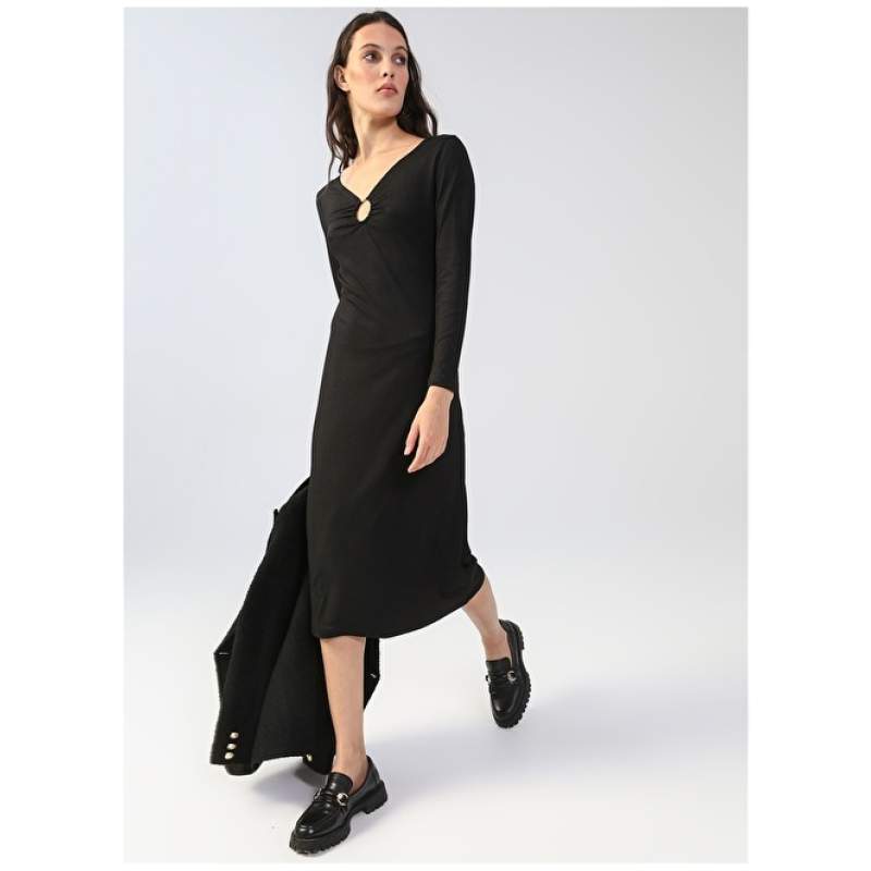 Factory V Neck Black Women Midi Knitwear Pencil Dress MARNI
