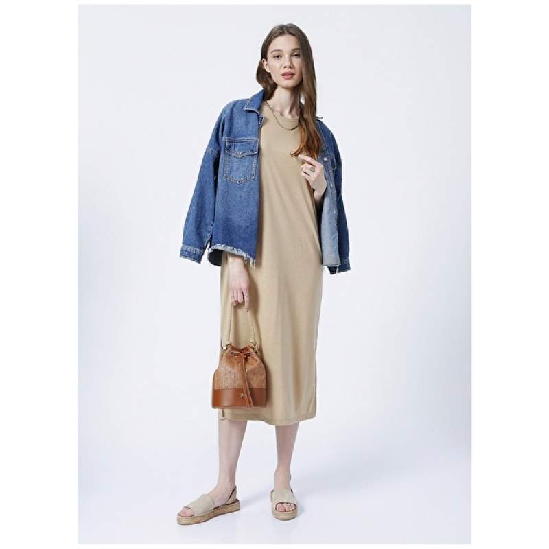 Factory Crew Neck Basic Plain Beige Women's Dress - K-CORIN Factory Crew Neck Basic Plain Beige Women's Dress - K-CORIN