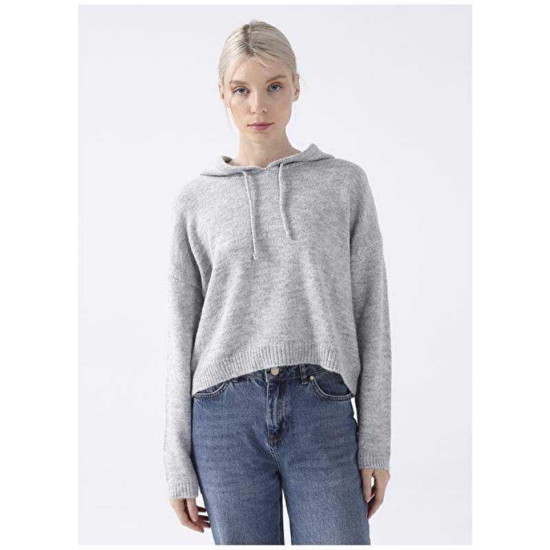 Factory Hooded Collar Plain Gray Melange Women's Sweater TEMHA