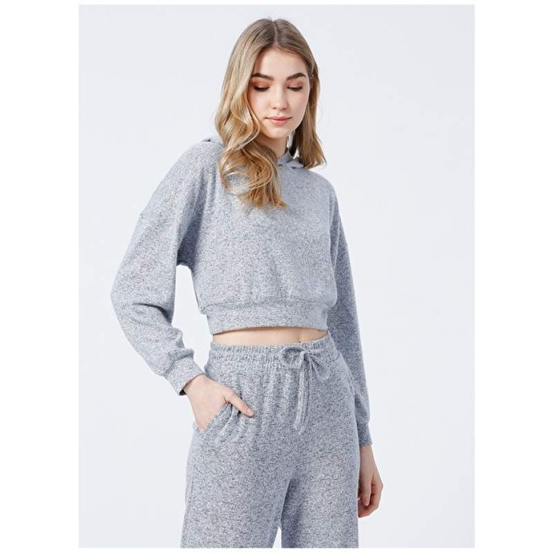 Factory B01-Top Hooded Elastic Basic Plain Gray Women's Sweatshirt