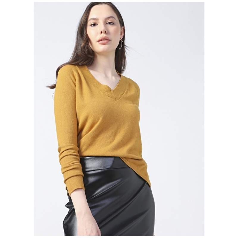 Factory V-Neck Basic Plain Mustard Women's Sweater - 20295 Factory V-Neck Basic Plain Mustard Women's Sweater - 20295