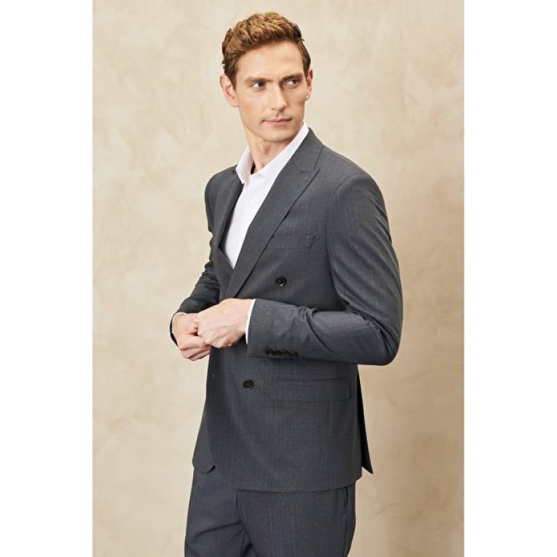 Slim Fit Dovetail Collar Striped Wool Suit
