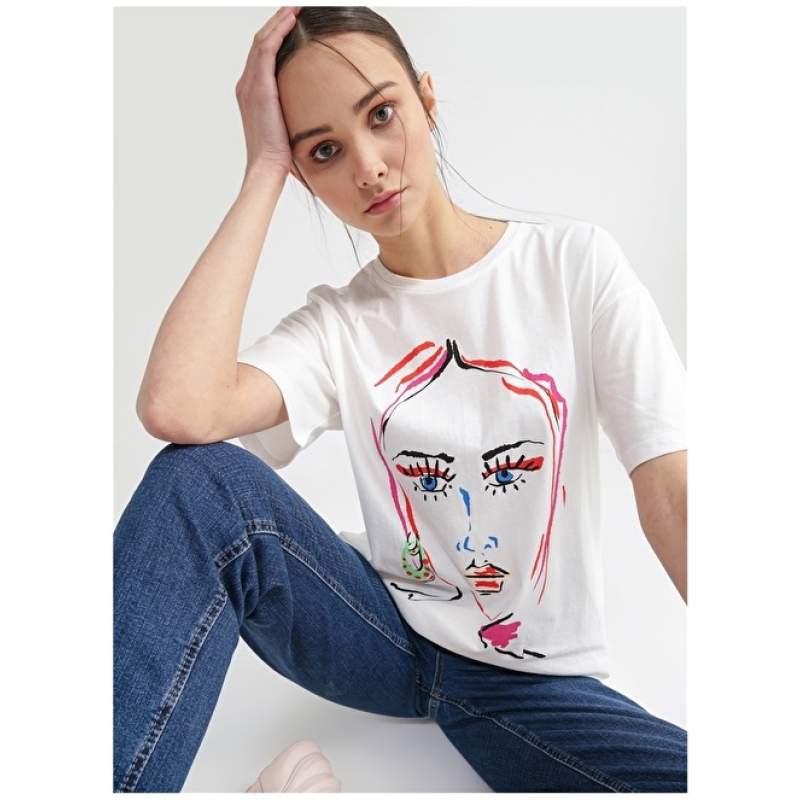 Factory Crew Neck Printed White Women's T-Shirt MIDO
