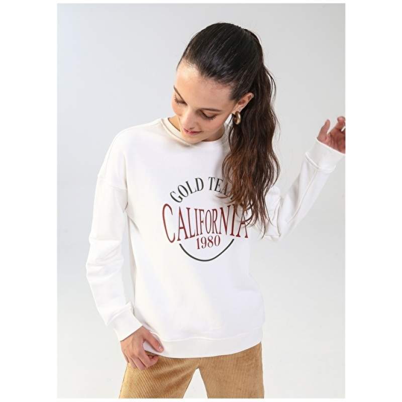 Factory Crew Neck Printed Ecru Women's Sweatshirt BUTLER