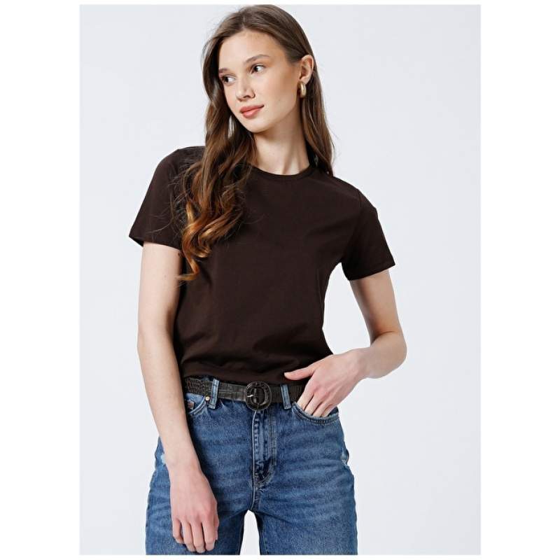 Fabrika Tengiz Crew Neck Basic Plain Brown Women's T-Shirt