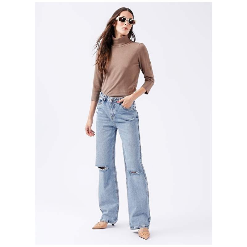 Factory High Waist Wide Leg Wide Cut Open Indigo Women's Denim Trousers YASO