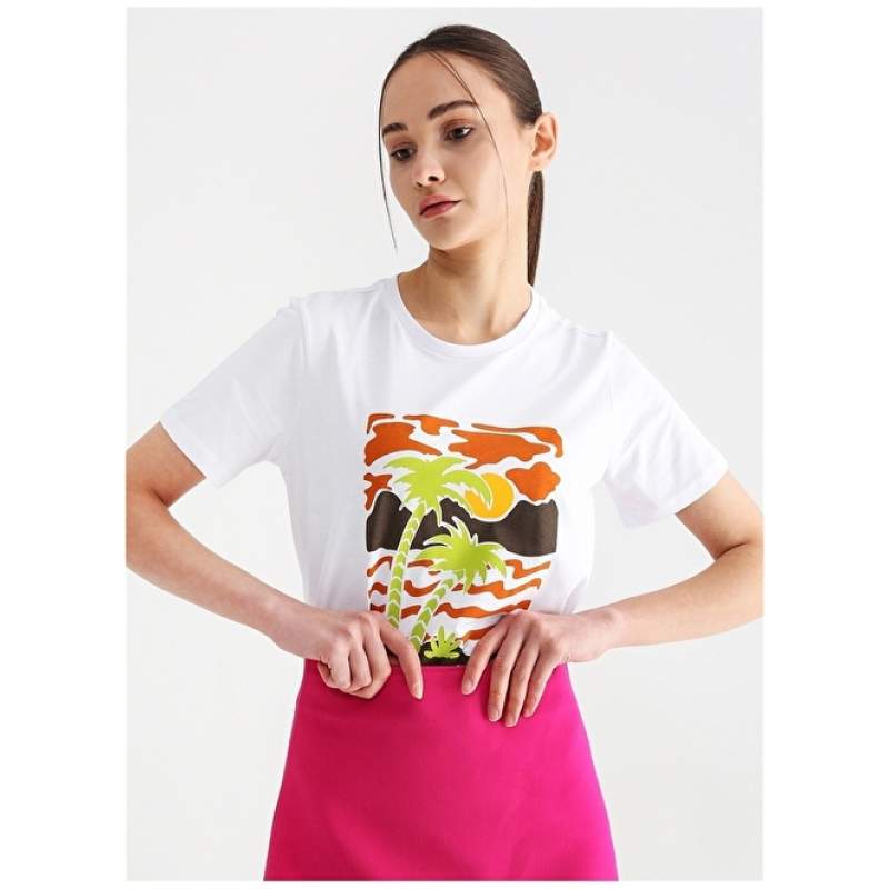 Factory Crew Neck Printed White Women's T-Shirt MORIES