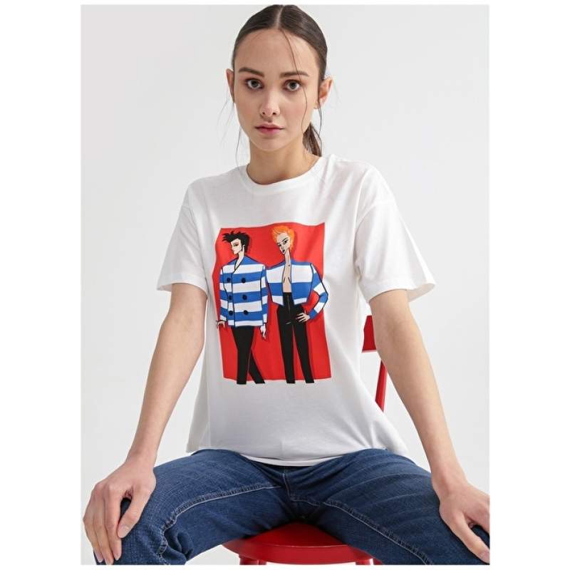 Factory Crew Neck Printed White Women's T-Shirt HALSE