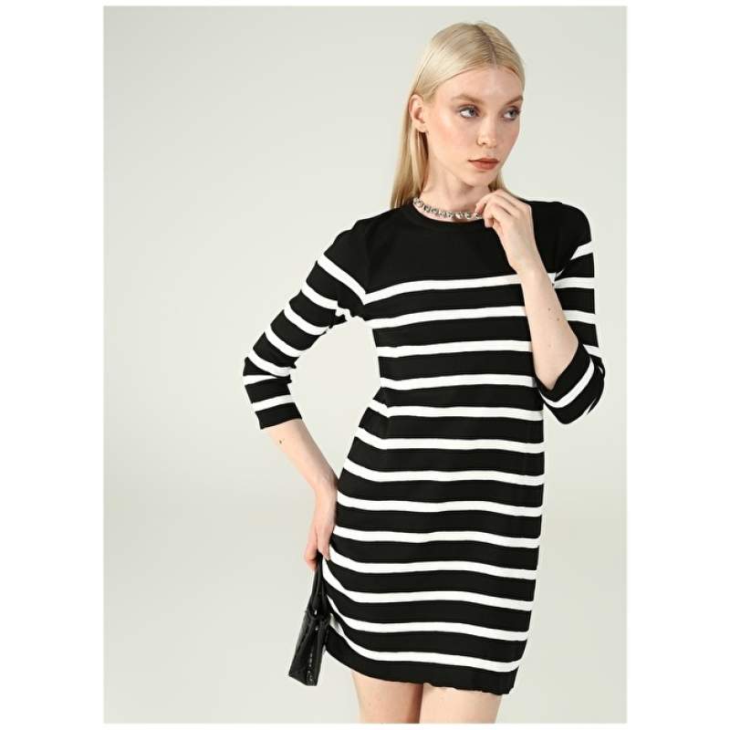 Factory Crew Neck Striped Black - White Mini Women's Dress LOLE