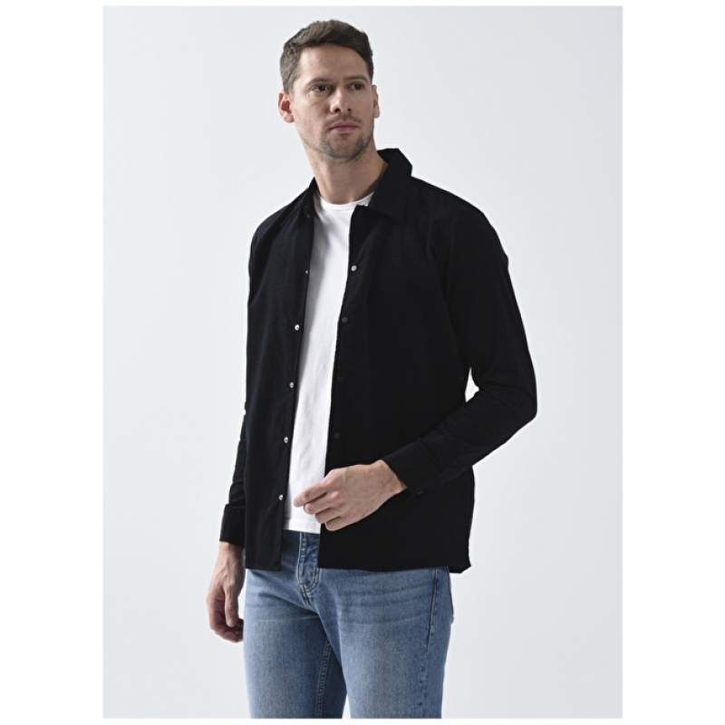 Factory Shirt Collar Plain Black Men's Shirt KIMOLOS