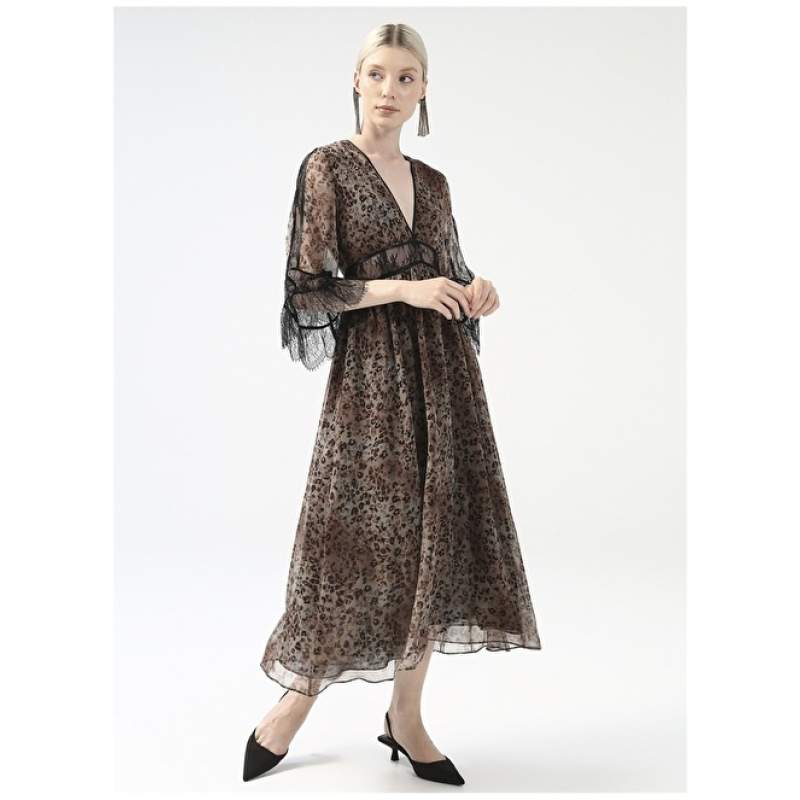 Factory V-Neck Patterned Brown - Beige Midi Women's Dress YMN-6 Factory V-Neck Patterned Brown - Beige Midi Women's Dress YMN-6