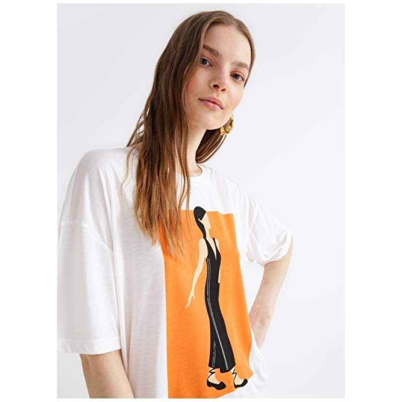 Factory Crew Neck Printed White Women's T-Shirt NAKA