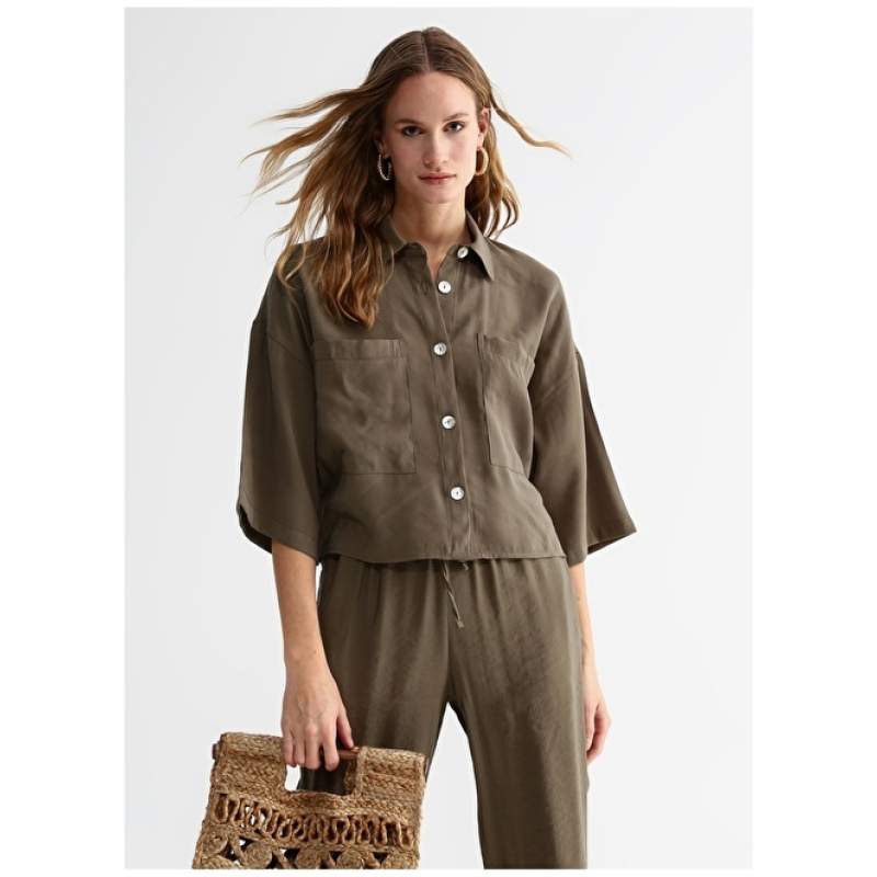 Factory Crop Shirt Collar Plain Khaki Women Shirt FEBRO Factory Crop Shirt Collar Plain Khaki Women Shirt FEBRO