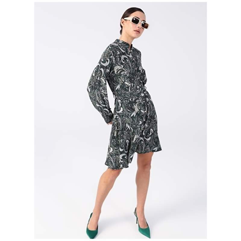 Factory Printed Collar Basic Patterned Green - Black - White Women's Dress BAHAMA