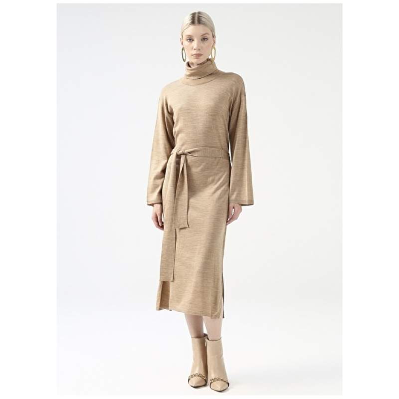 Factory Standing Collar Straight Beige Melange Midi Women's Dress FILBER